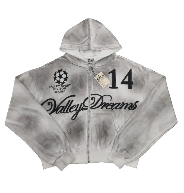 Valley Dreams No.14 Vintage Washed Cropped Zip‑Up Hoodie, Unisex Grey Streetwear Jacket
