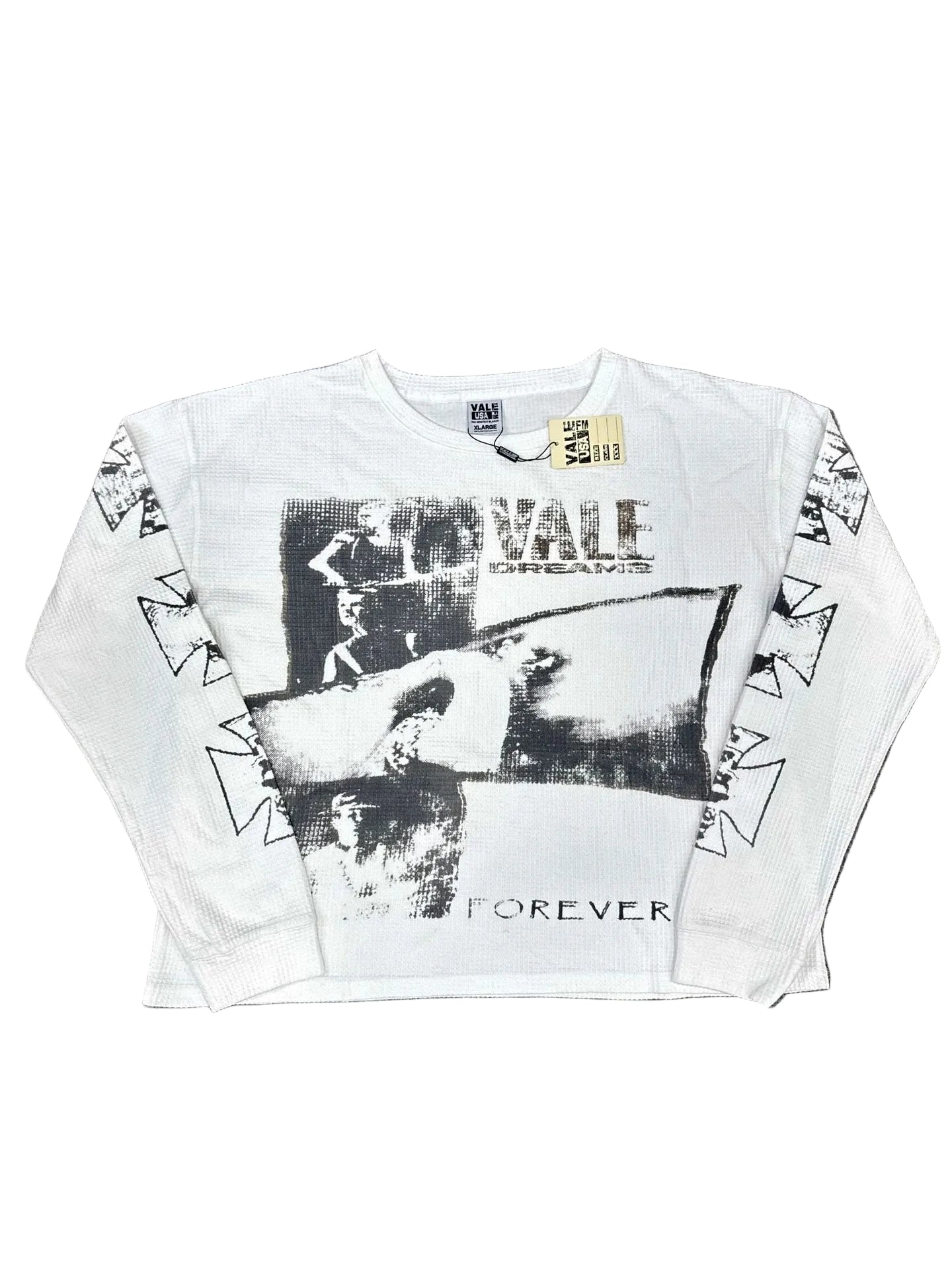 Valley Vintage Photo‑Print Waffle‑Knit Long‑Sleeve Top, Unisex White Y2K Streetwear Shirt