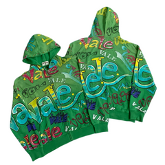 Valley All‑Over Graffiti Print Zip‑Up Hoodie, Unisex Green Vintage Streetwear Jacket