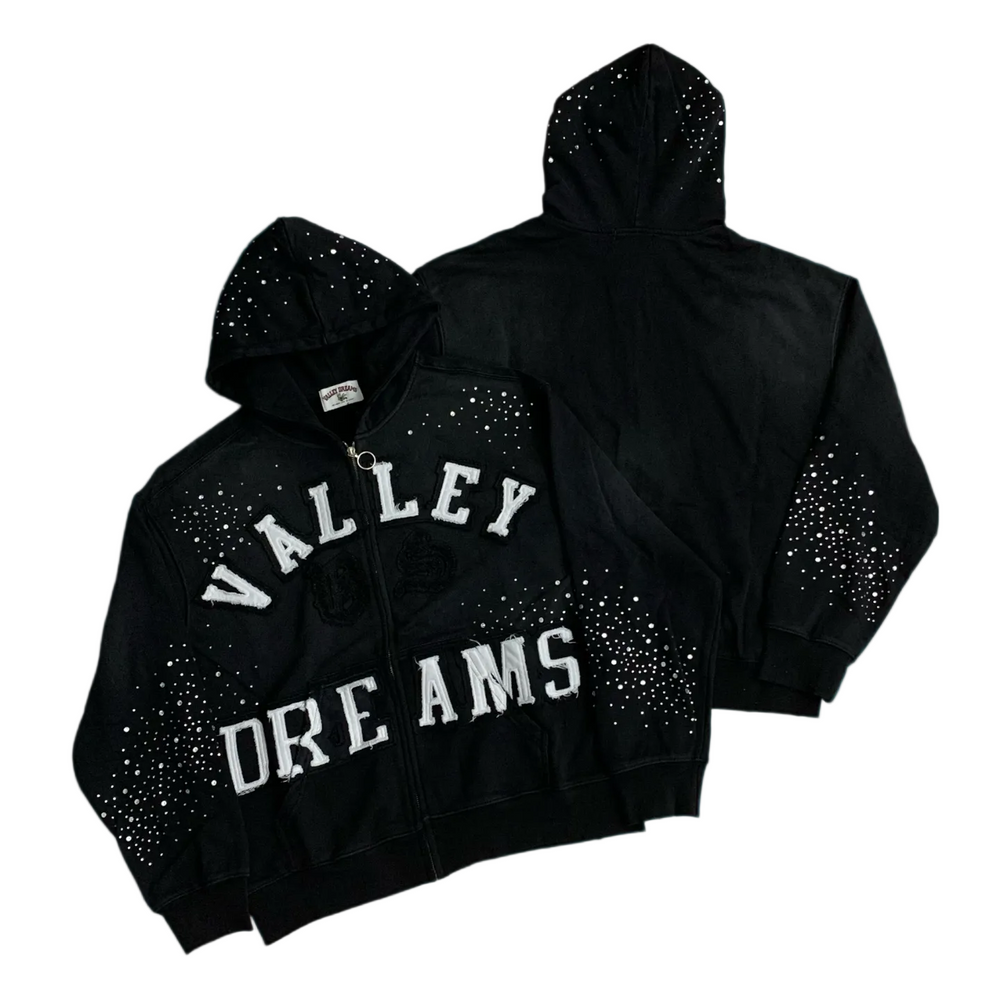 Valley Dreams Rhinestone‑Splatter Zip‑Up Hoodie, Unisex Black Vintage Streetwear Jacket