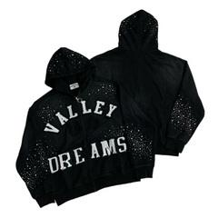 Valley Dreams Rhinestone‑Splatter Zip‑Up Hoodie, Unisex Black Vintage Streetwear Jacket