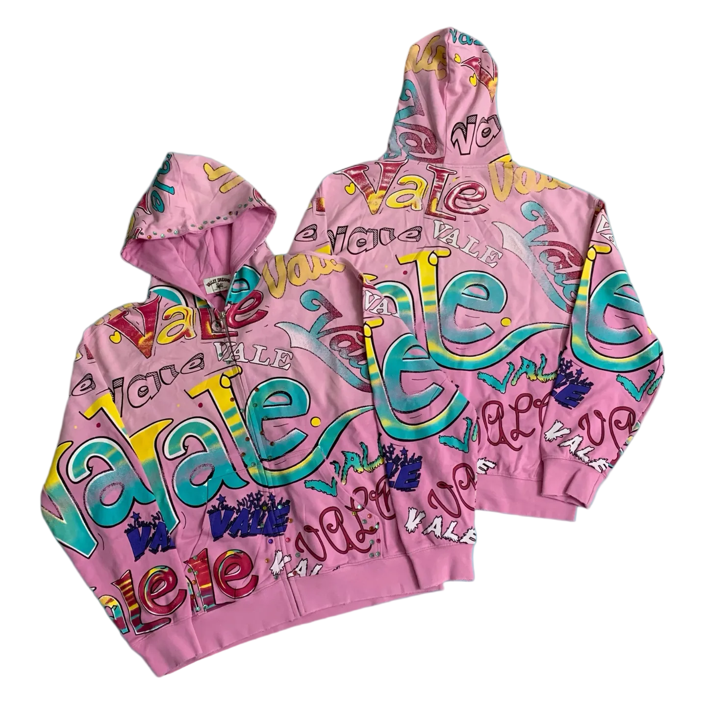 Valley All‑Over Graffiti Print Zip‑Up Hoodie, Unisex Pink Vintage Streetwear Jacket
