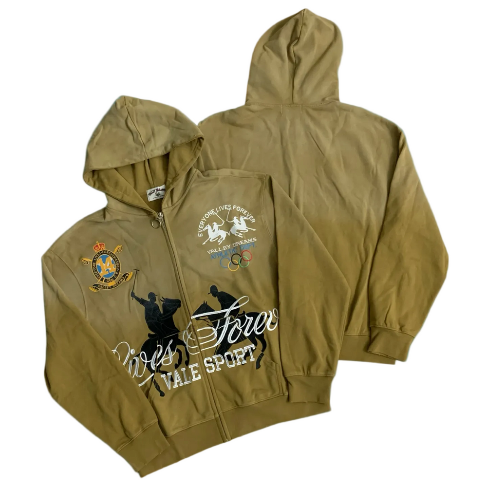 Valé Sport Equestrian Olympic‑Crest Zip‑Up Hoodie, Unisex Khaki Vintage Streetwear Jacket