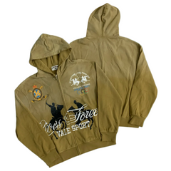 Valé Sport Equestrian Olympic‑Crest Zip‑Up Hoodie, Unisex Khaki Vintage Streetwear Jacket