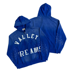 Valley Dreams Rhinestone‑Splatter Zip‑Up Hoodie, Unisex Blue Vintage Streetwear Jacket