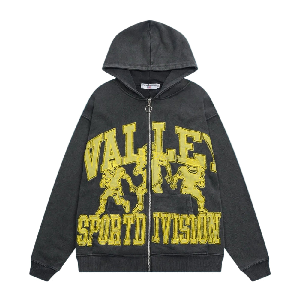 Valley Sport Division Graphic Zip‑Up Hoodie, Unisex Black Vintage Streetwear Jacket