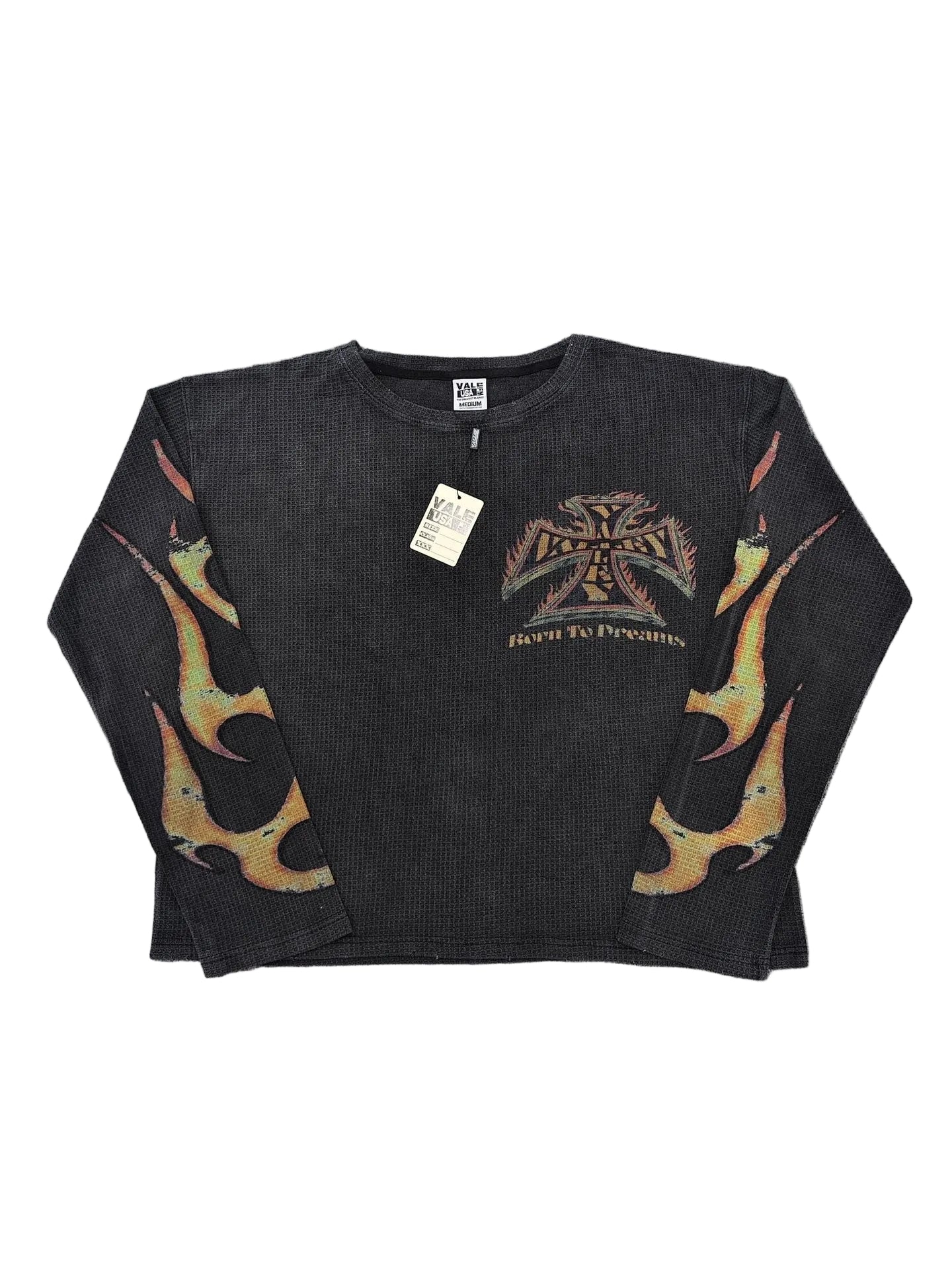 Vintage Flame Cross Print Waffle‑Knit Long‑Sleeve Top, Unisex Black Y2K Streetwear Shirt