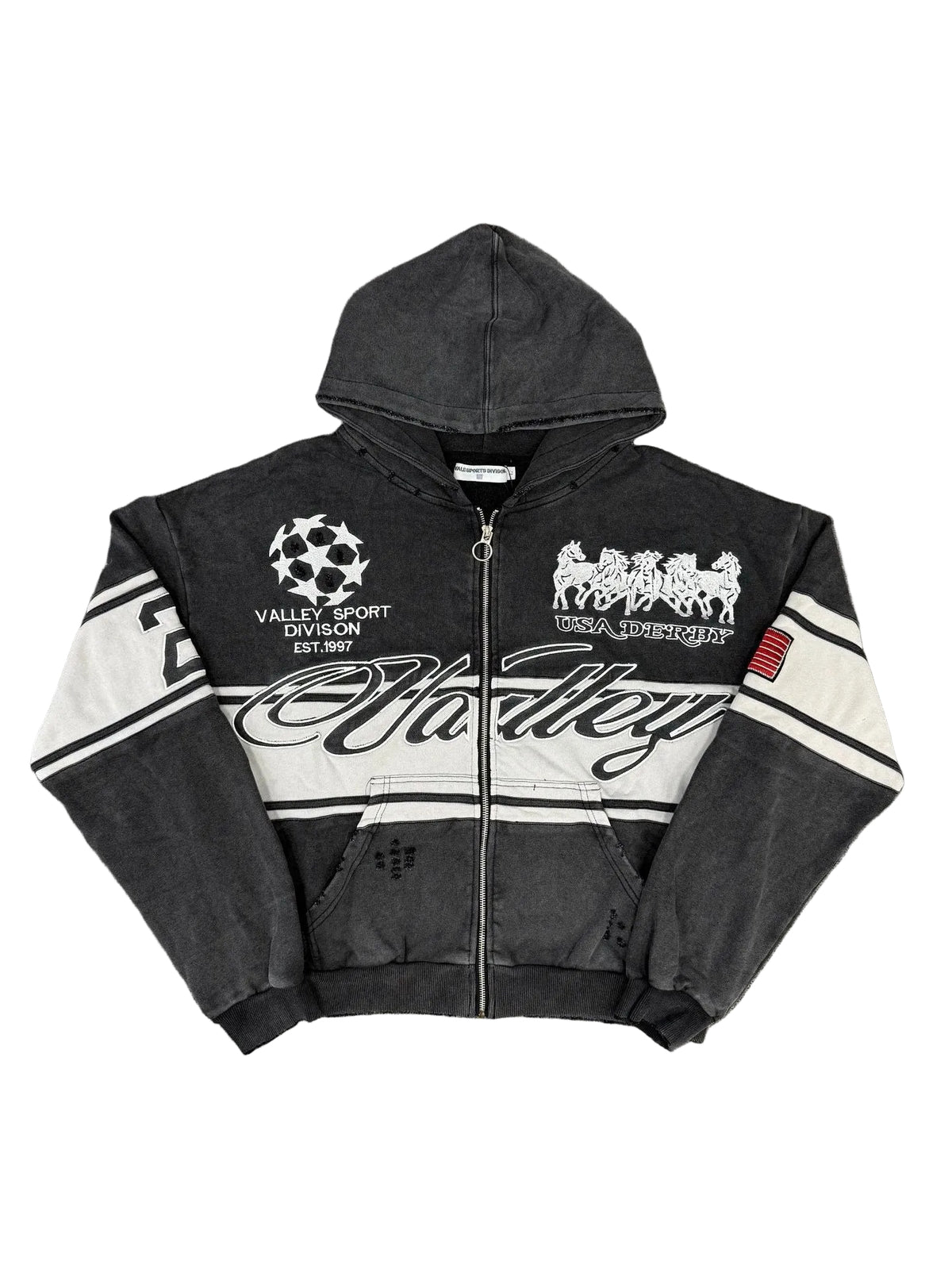 Valley Vintage Racing‑Style Zip‑Up Hoodie, Unisex Black Washed Streetwear Jacket