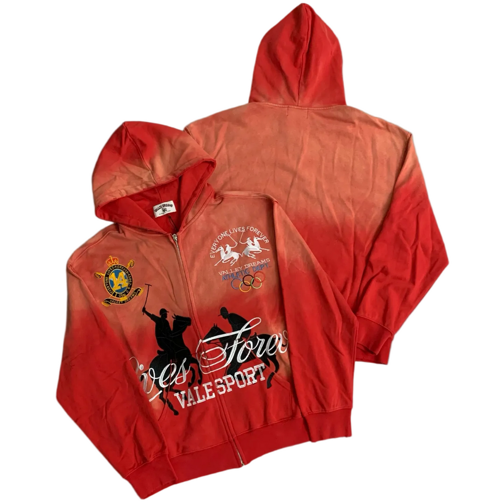 Valé Sport Equestrian Olympic‑Crest Gradient Zip‑Up Hoodie, Unisex Red‑Wash Vintage Streetwear Jacket