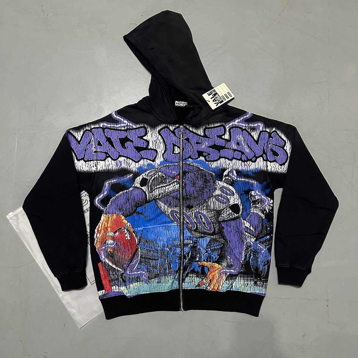 Valley Dreams Football Monster Graphic Zip‑Up Hoodie, Black Vintage Oversized Streetwear Unisex Jacket