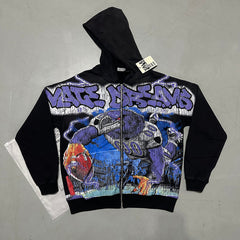 Valley Dreams Football Monster Graphic Zip‑Up Hoodie, Black Vintage Oversized Streetwear Unisex Jacket