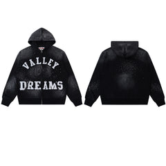 Black Valley Dreams Speckled Wash Zip‑Up Hoodie Unisex Oversized Jacket