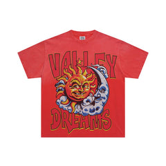 Red Vintage‑Wash Sun‑Moon "Valley Dreams" Oversized Unisex T‑Shirt