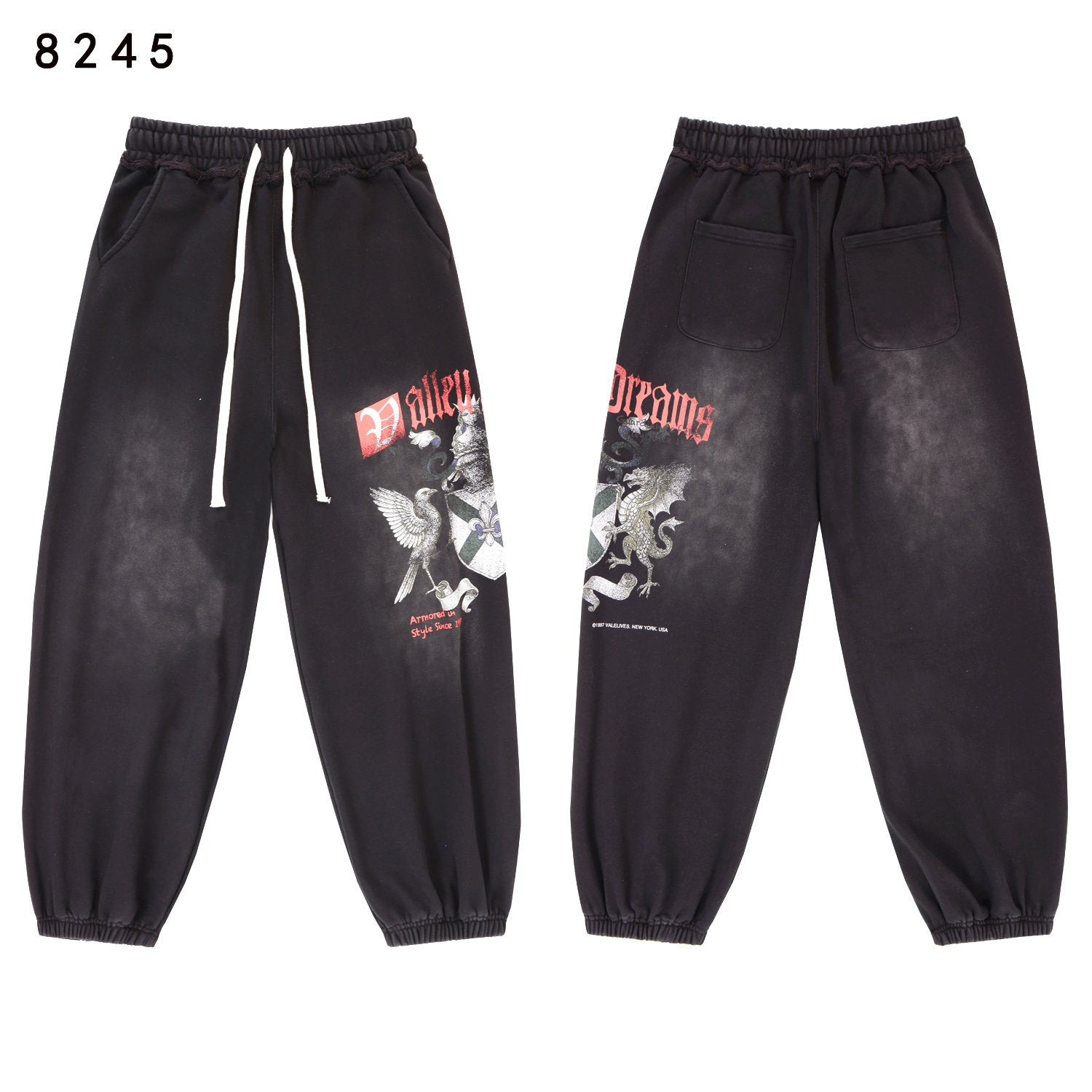 Vintage Knight‑Dragon Graphic Jogger Sweatpants, Washed‑Black Unisex Streetwear Trousers
