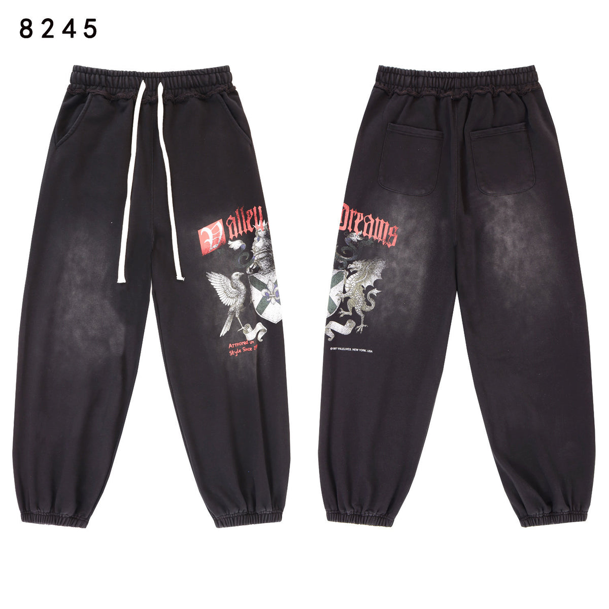 Vintage Knight‑Dragon Graphic Jogger Sweatpants, Washed‑Black Unisex Streetwear Trousers