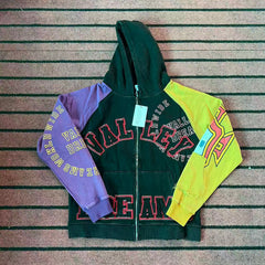 Valley Dreams Color‑Block Raglan Zip‑Up Hoodie, Green Purple Yellow Contrast‑Sleeve Oversized Streetwear Unisex Jacket