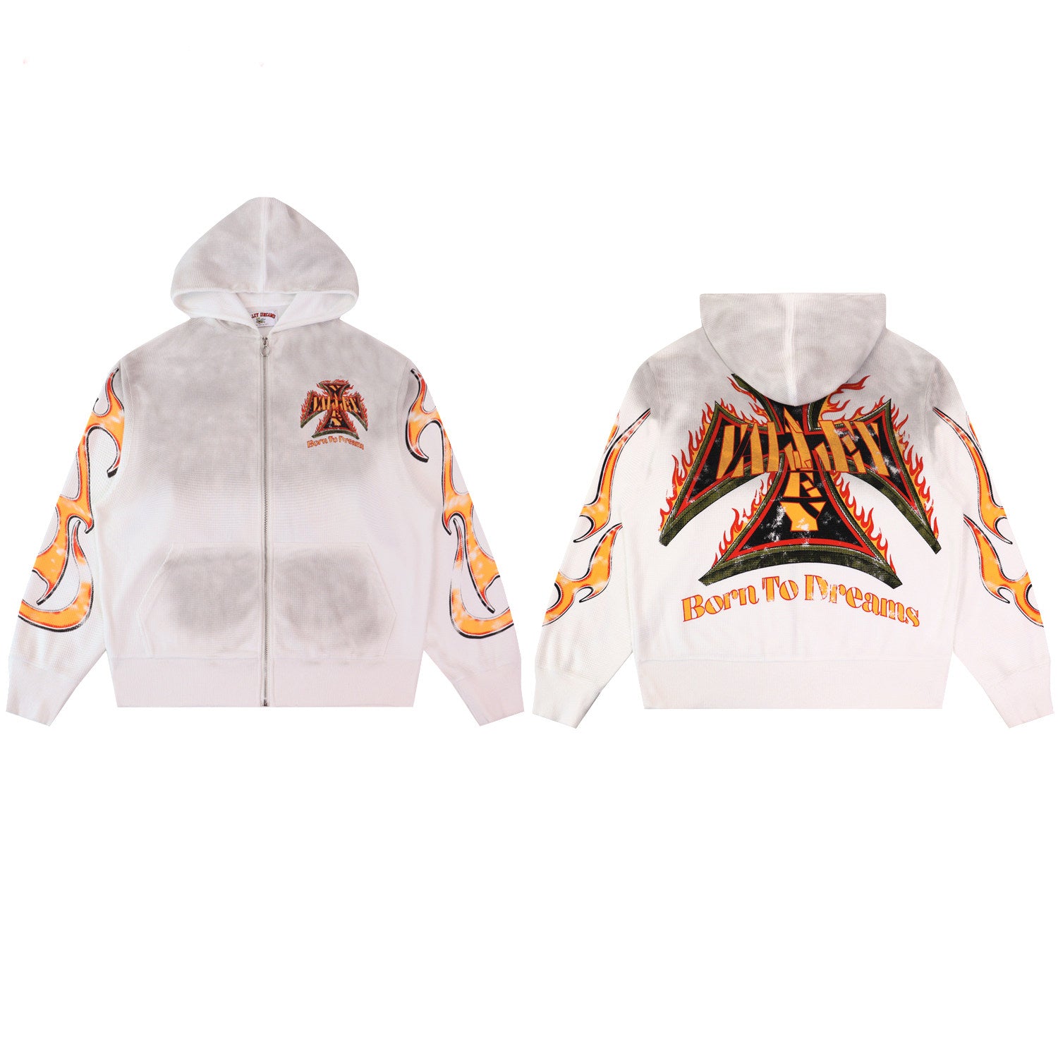 Valley Dreams Waffle‑Knit Flame Zip‑Up Hoodie, White Vintage Washed Full‑Back Print Oversized Streetwear Unisex Jacket