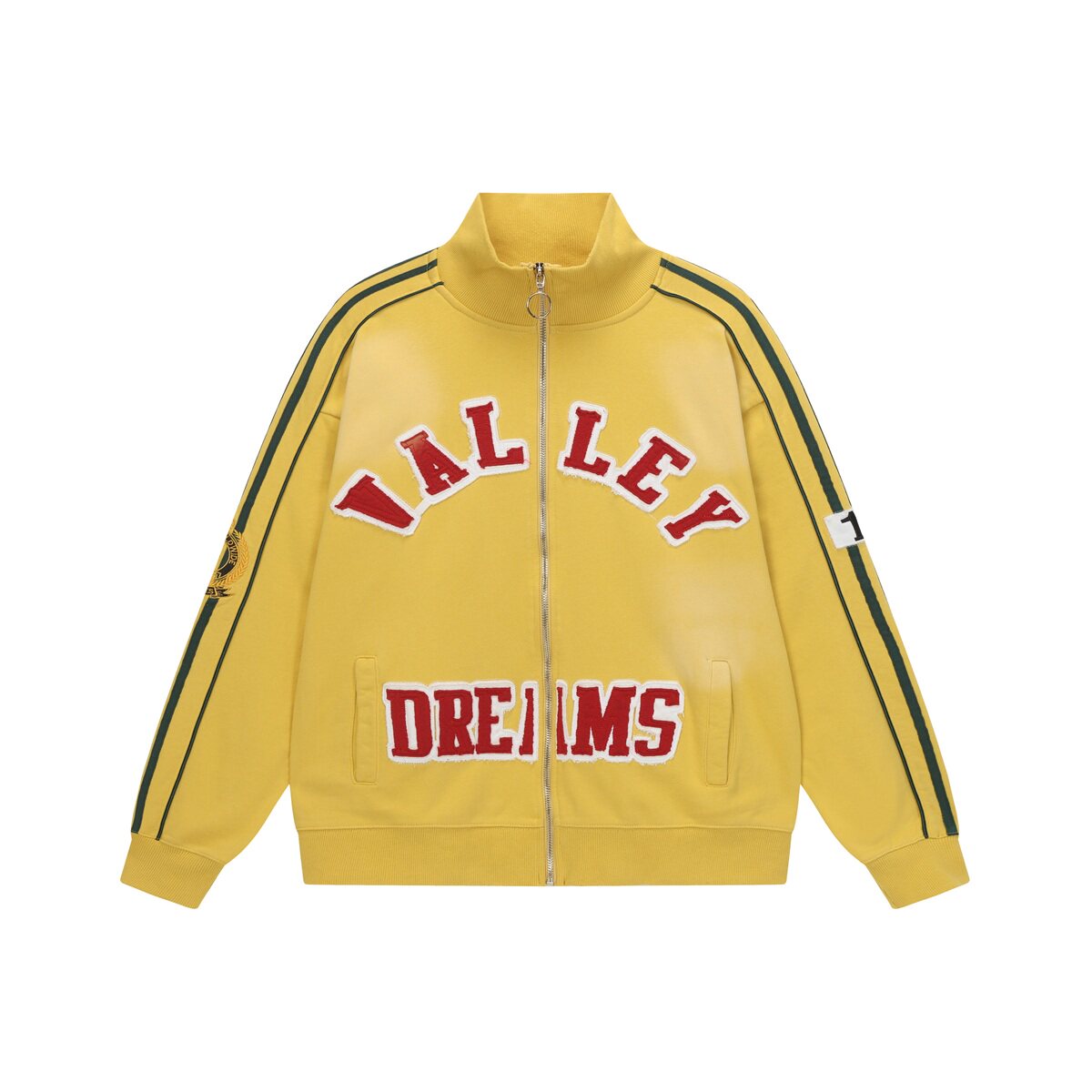 Valley Dreams Chenille Letter Zip‑Up Track Jacket, Yellow Green Stripe Oversized Streetwear Unisex Coat