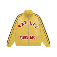Valley Dreams Chenille Letter Zip‑Up Track Jacket, Yellow Green Stripe Oversized Streetwear Unisex Coat