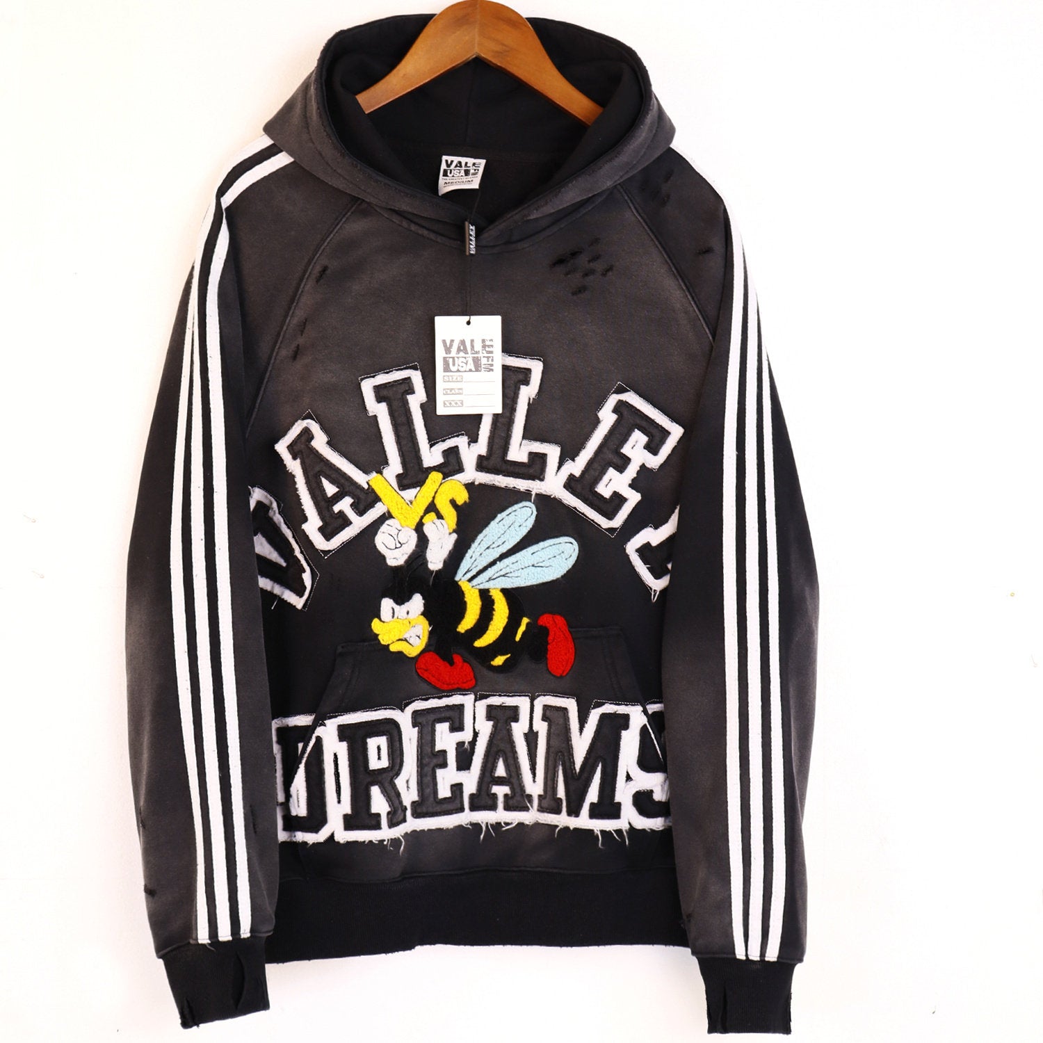 Valley Dreams Cartoon Bee Chenille Patch Pullover Hoodie, Black Vintage Distressed Striped‑Sleeve Streetwear Unisex Sweatshirt