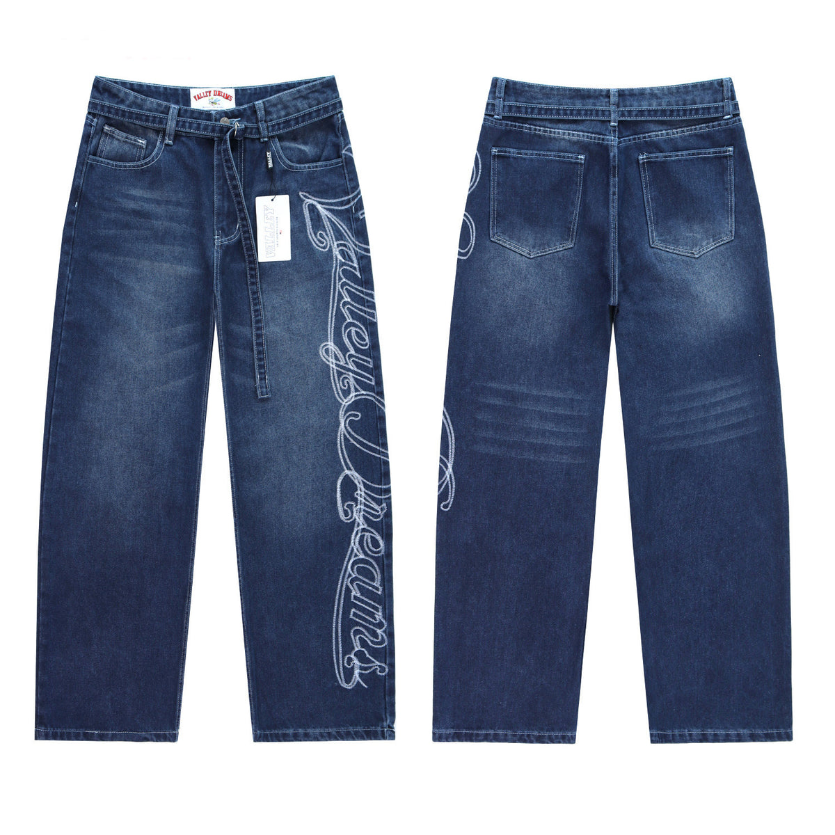 Valley Dreams Cursive‑Embroidered Baggy Jeans, Dark‑Blue Washed Unisex Wide‑Leg Streetwear Denim Pants