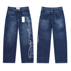 Valley Dreams Cursive‑Embroidered Baggy Jeans, Dark‑Blue Washed Unisex Wide‑Leg Streetwear Denim Pants