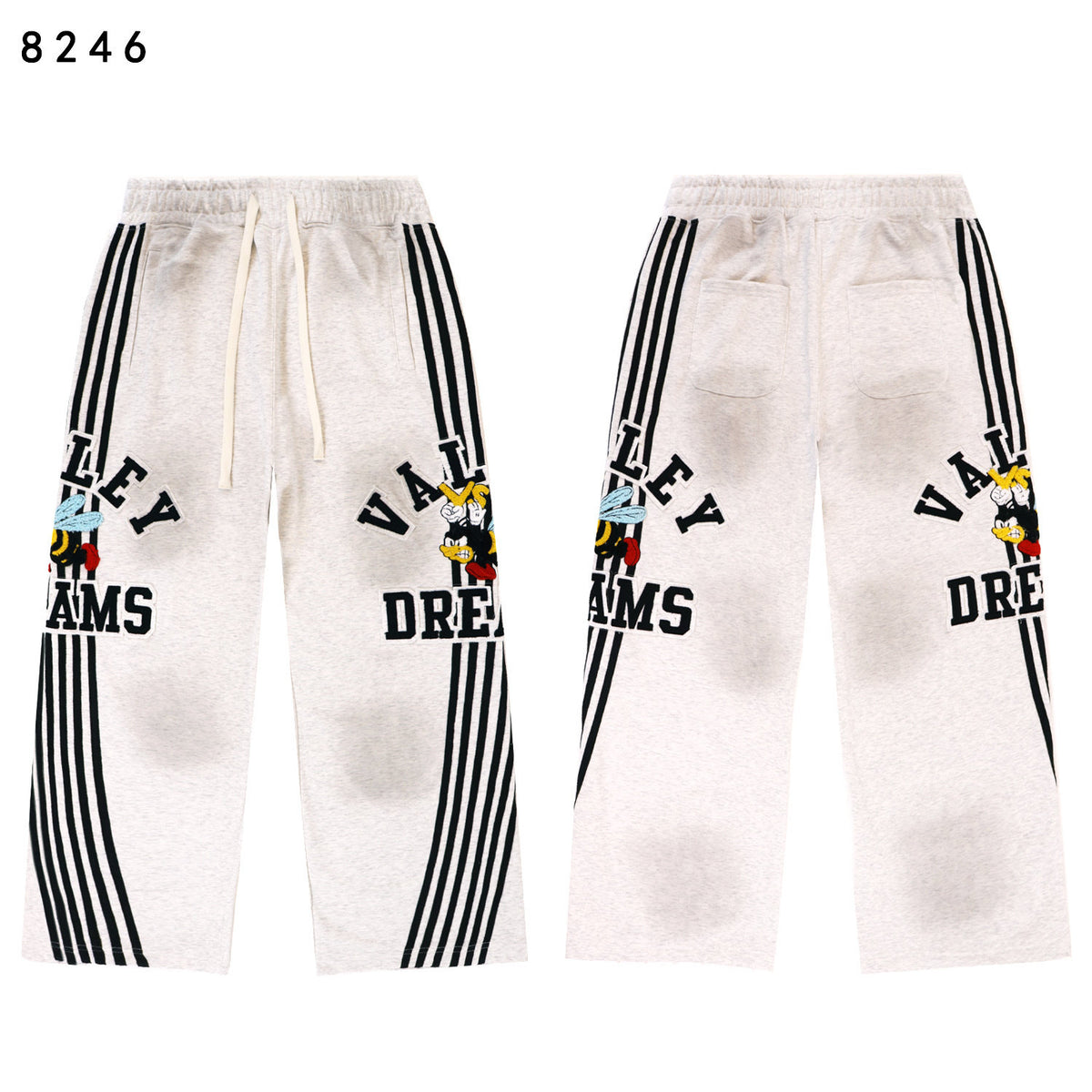 Valley Dreams Cartoon Bee Stripe‑Sleeve Wide‑Leg Sweatpants, Heather Grey Vintage Streetwear Unisex Trousers