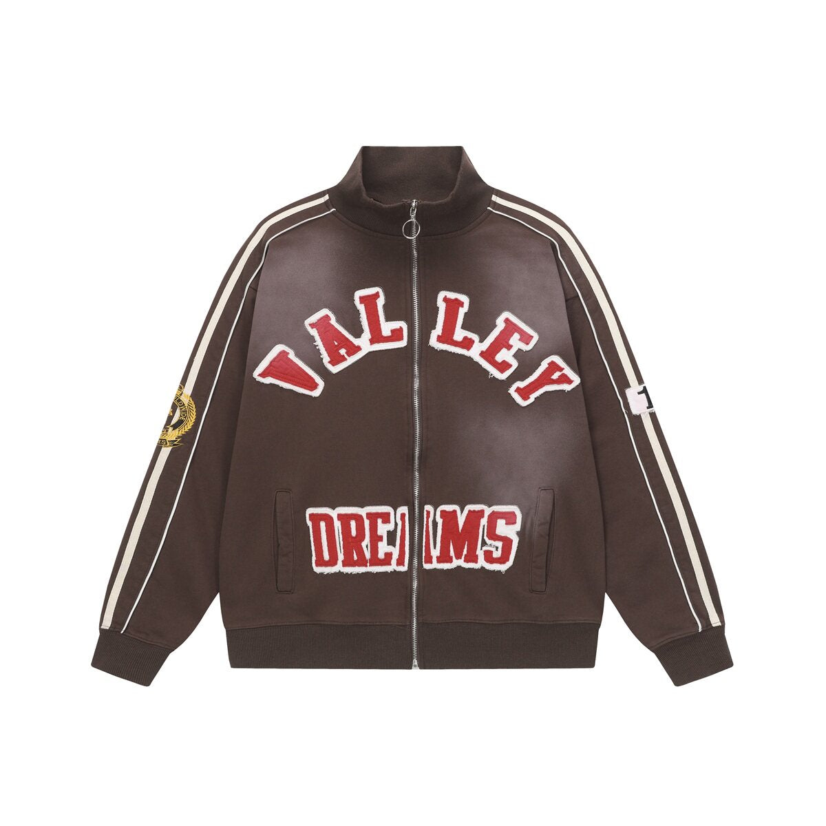 Valley Dreams Chenille Letter Zip‑Up Track Jacket, Brown White Stripe Oversized Streetwear Unisex Coat