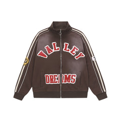 Valley Dreams Chenille Letter Zip‑Up Track Jacket, Brown White Stripe Oversized Streetwear Unisex Coat