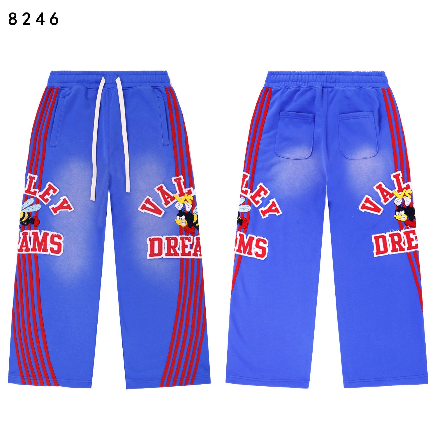 Valley Dreams Cartoon Bee Stripe‑Sleeve Wide‑Leg Sweatpants, Washed Blue Vintage Streetwear Unisex Trousers