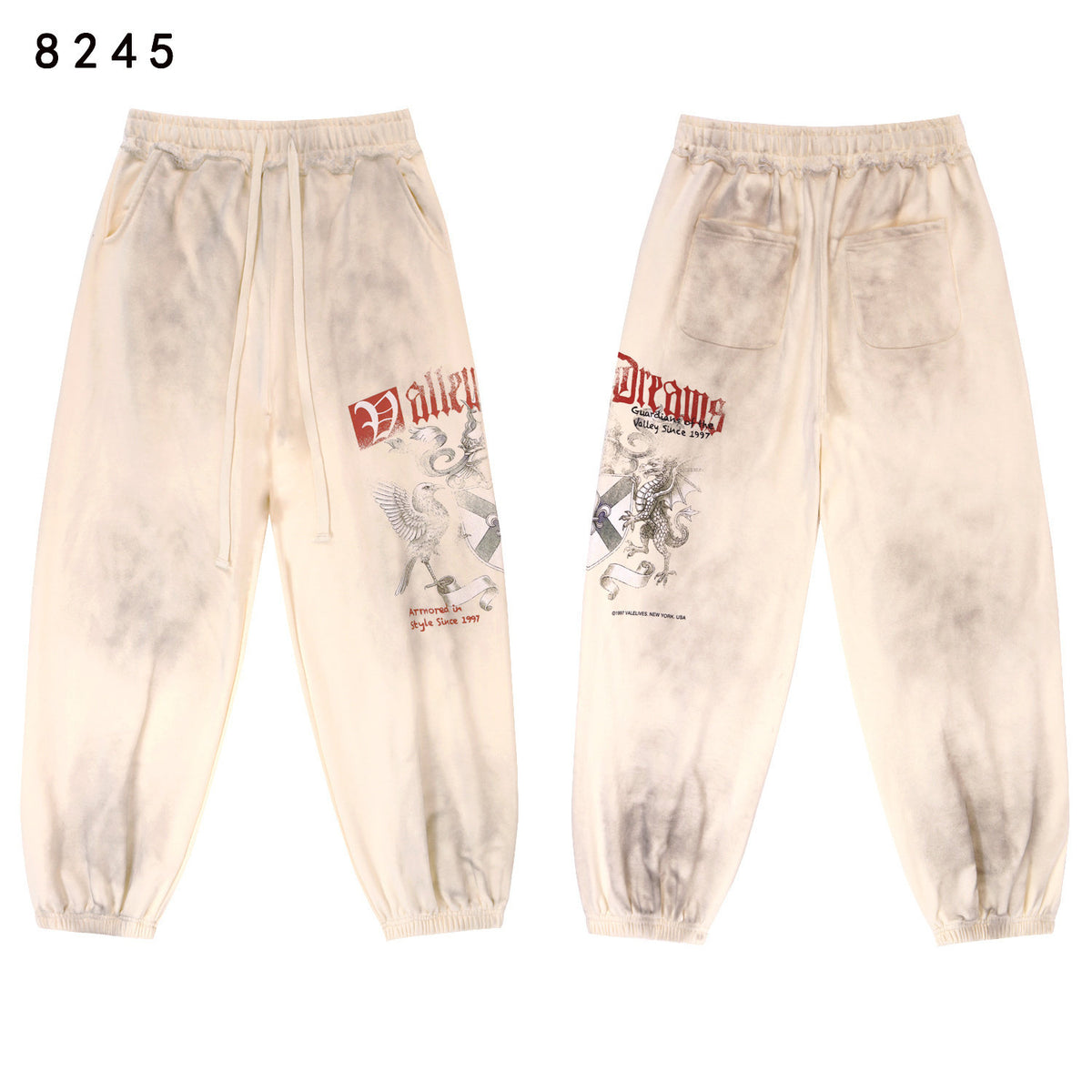 Vintage Knight‑Dragon Graphic Jogger Sweatpants, Washed‑Off‑White Unisex Streetwear Trousers