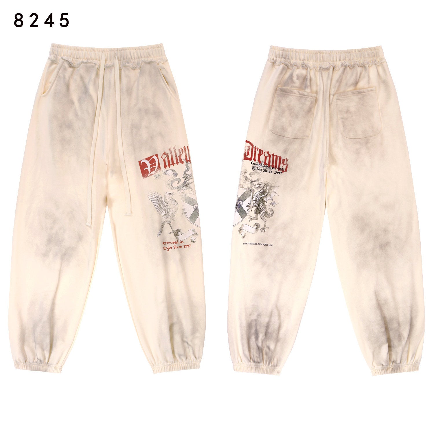 Vintage Knight‑Dragon Graphic Jogger Sweatpants, Washed‑Off‑White Unisex Streetwear Trousers