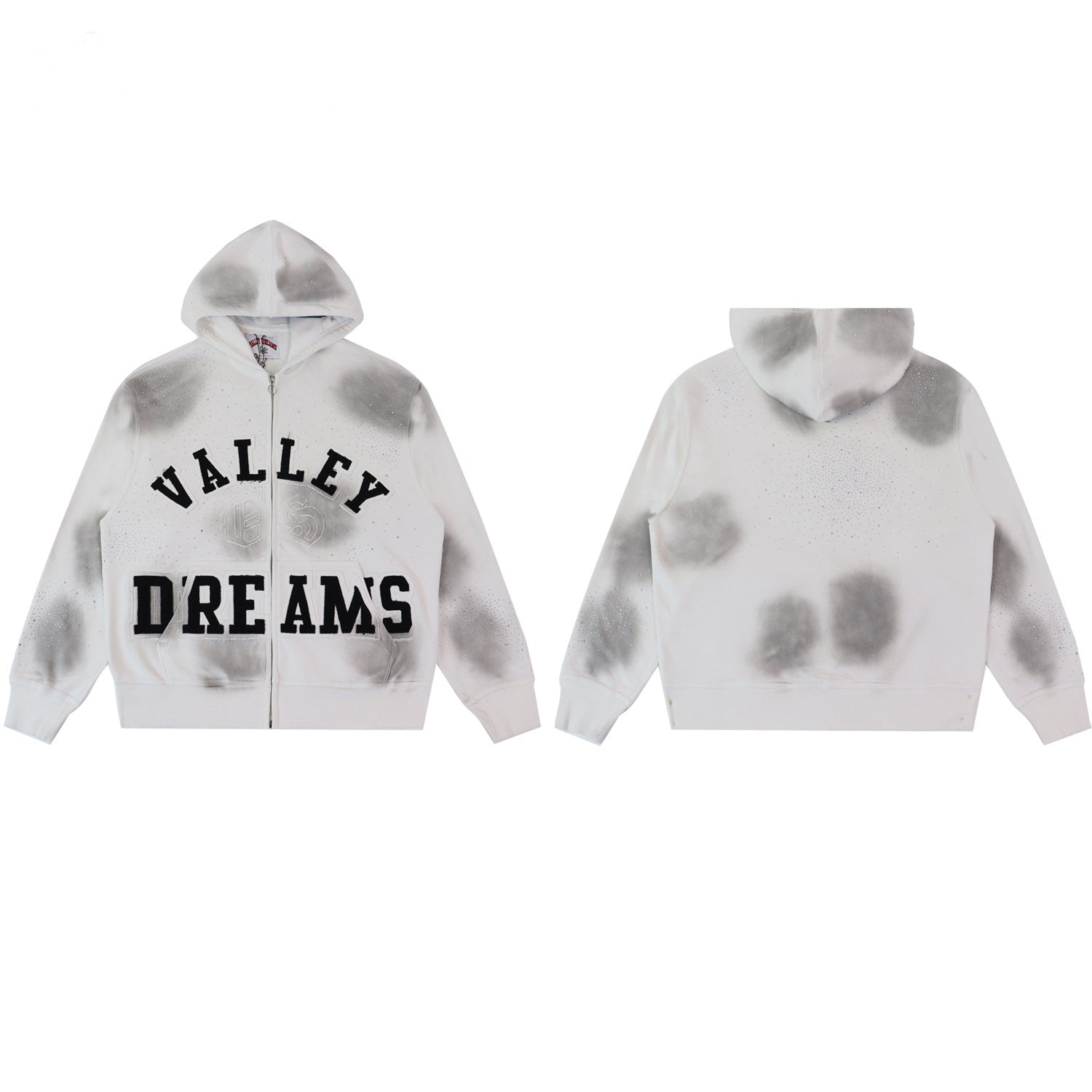 White‑Grey Spot‑Wash Valley Dreams Zip‑Up Hoodie Unisex Oversized Jacket
