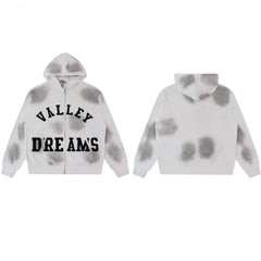 White‑Grey Spot‑Wash Valley Dreams Zip‑Up Hoodie Unisex Oversized Jacket