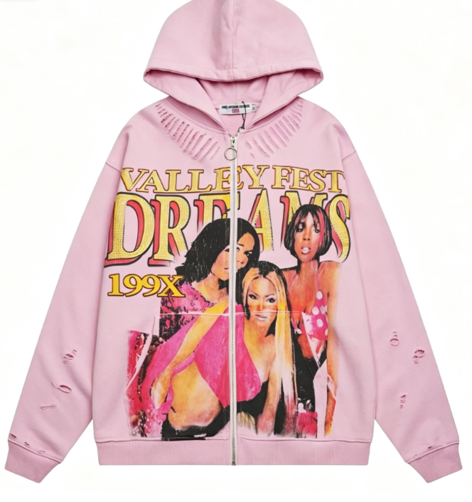 Valley Fest Dreams 199X Vintage Distressed Zip‑Up Hoodie, Unisex Pink Y2K Streetwear Jacket
